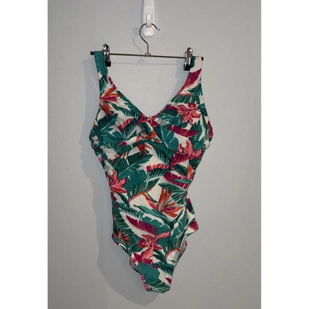 Kona Sol‎ Tropical Floral Palm Print One Piece Swimsuit Green Pink Small 4-6